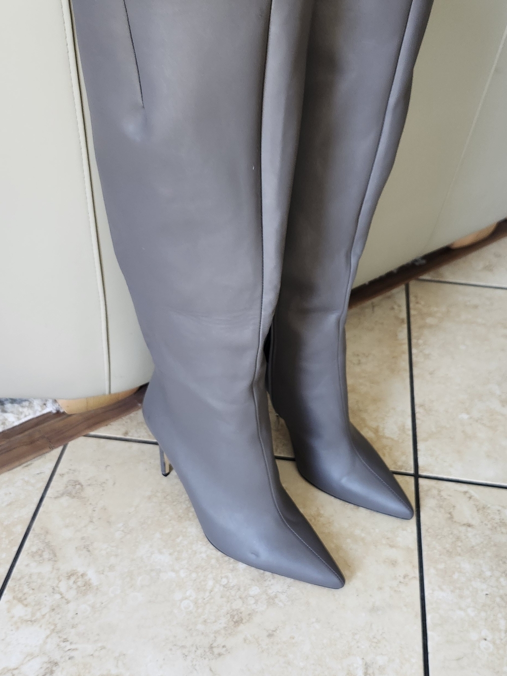 Women's Knee High  Pointed-Toe Faux Leather Boots in Gray SZ 14